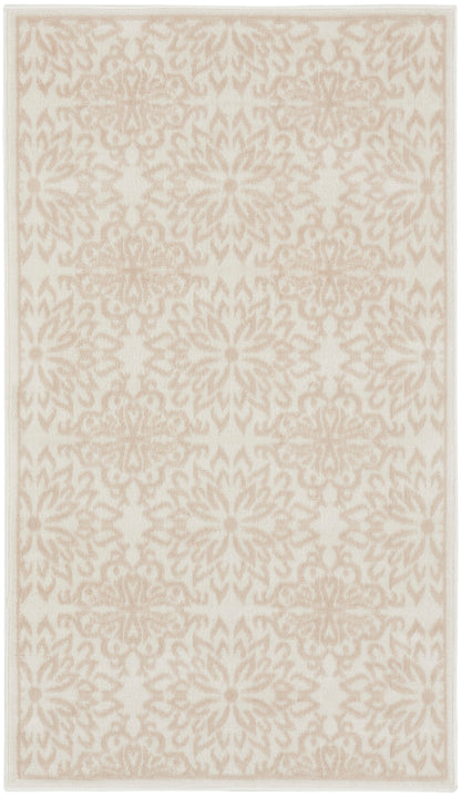Beige and blush damask patterned area rug, soft woven texture, rectangular shape for neutral living room decor.