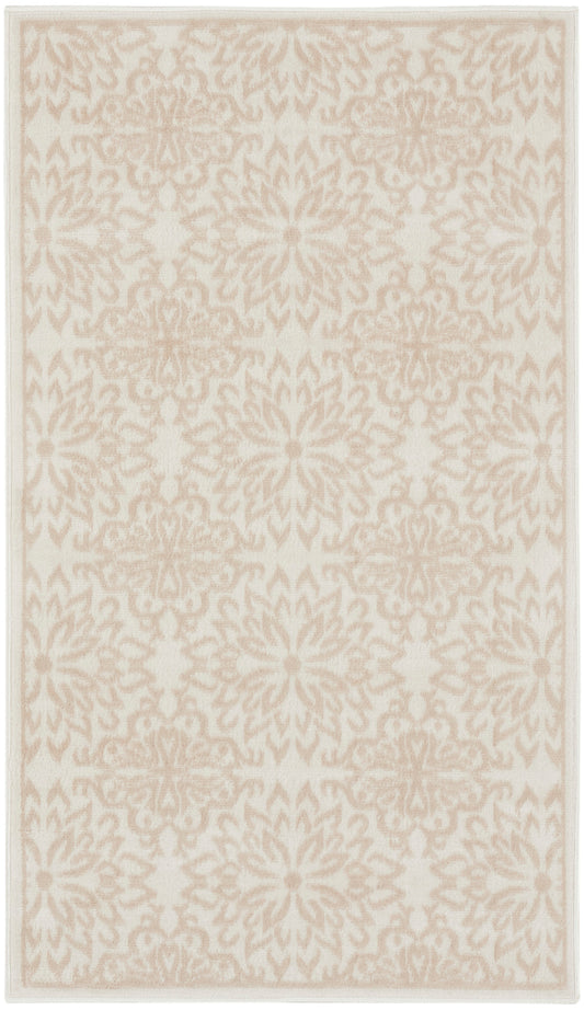 Beige and blush damask patterned area rug, soft woven texture, rectangular shape for neutral living room decor.