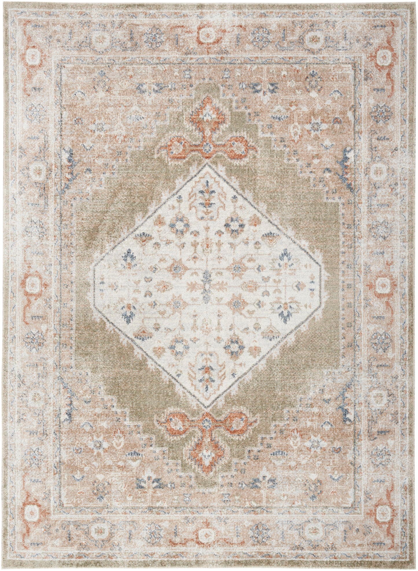 Rectangular oriental rug with ivory diamond medallion on a beige field, muted blue and coral accents and ornate border.