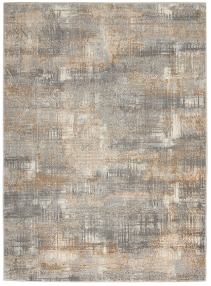 Abstract gray, beige and taupe area rug with painterly pattern; rectangular modern decor rug for living rooms.