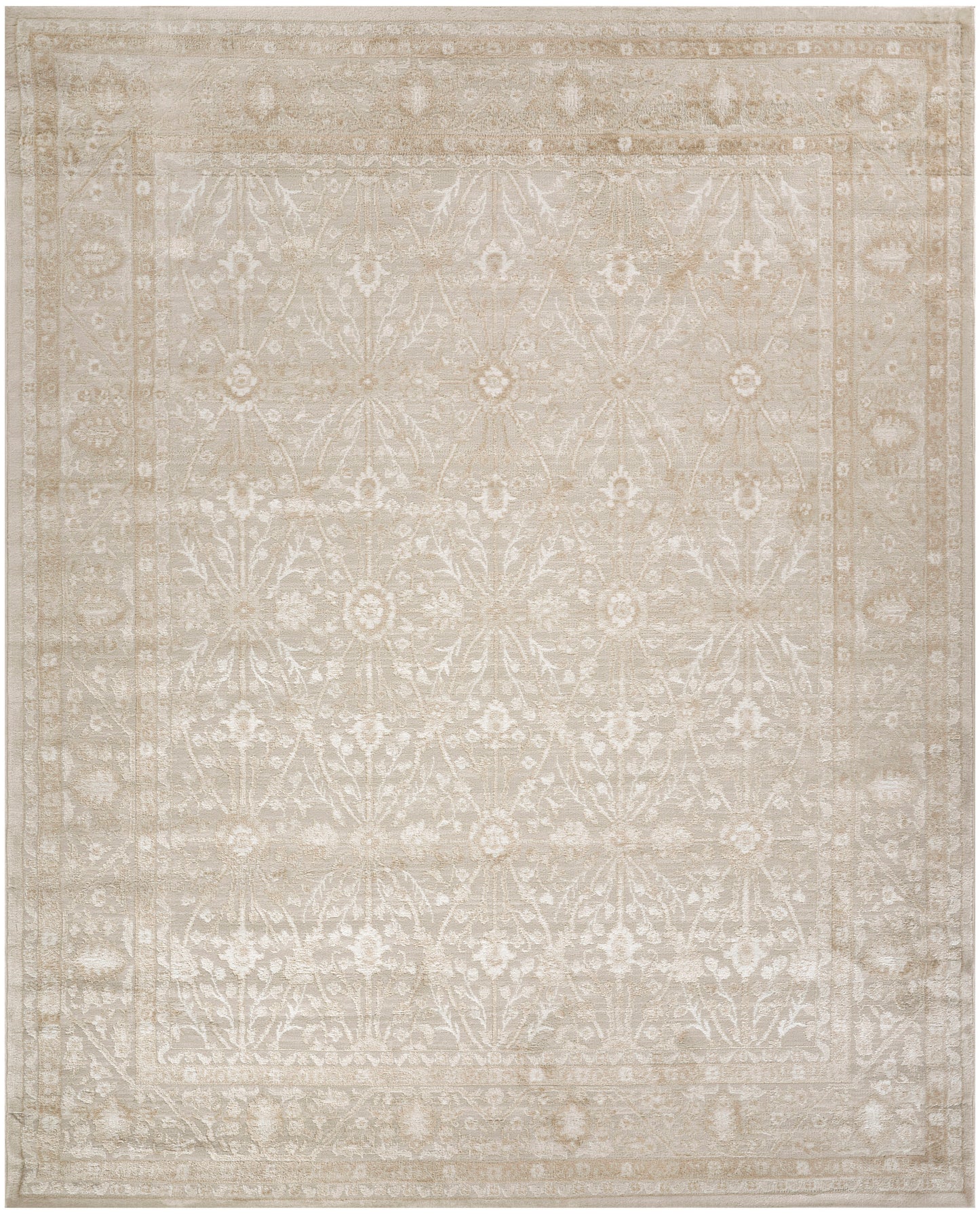 Neutral beige ivory oriental area rug with a faded damask pattern and decorative border; rectangle for living spaces.