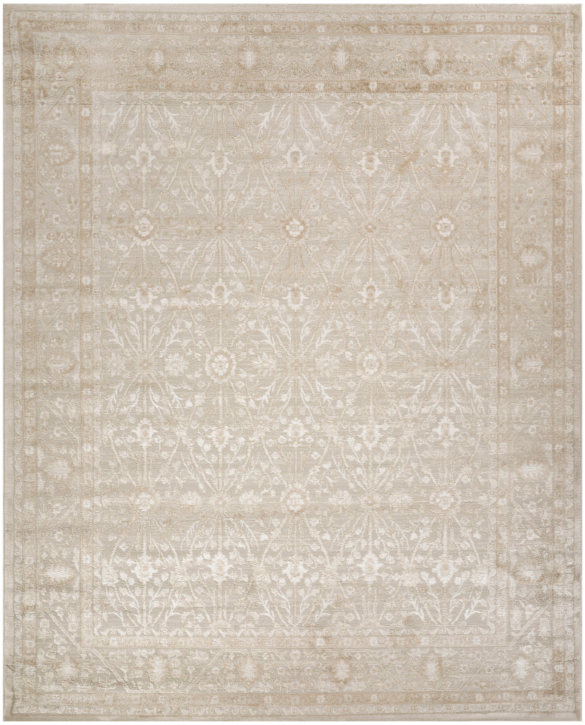 Neutral beige ivory oriental area rug with a faded damask pattern and decorative border; rectangle for living spaces.