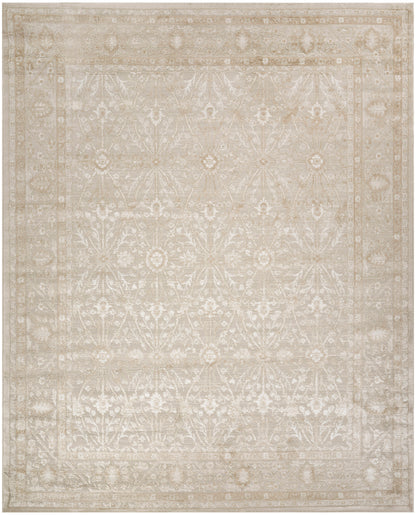 Neutral beige ivory oriental area rug with a faded damask pattern and decorative border; rectangle for living spaces.