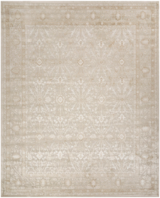 Neutral beige ivory oriental area rug with a faded damask pattern and decorative border; rectangle for living spaces.