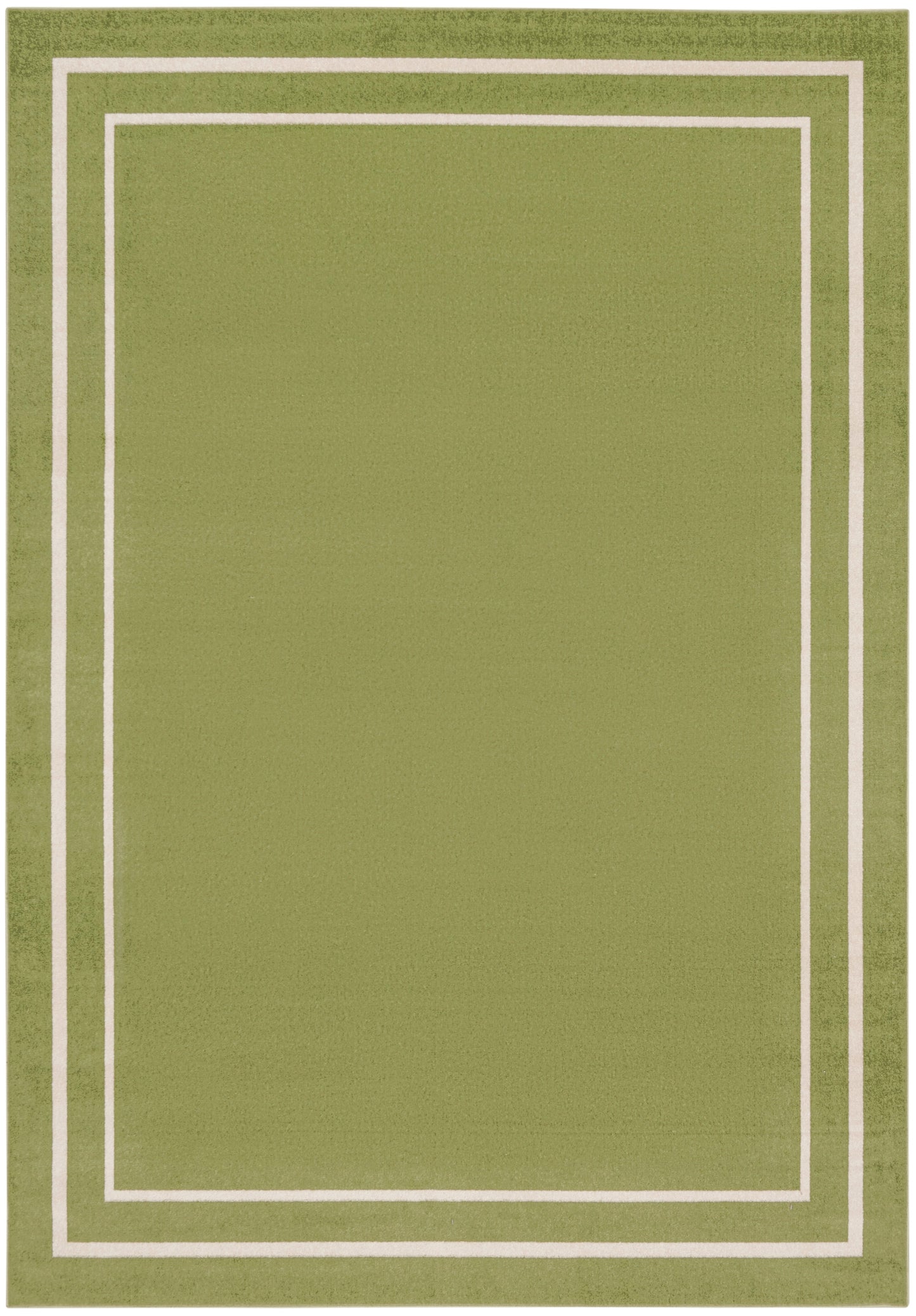 Olive-green rug with white double rectangular borders along the edges, creating a framed geometric design.