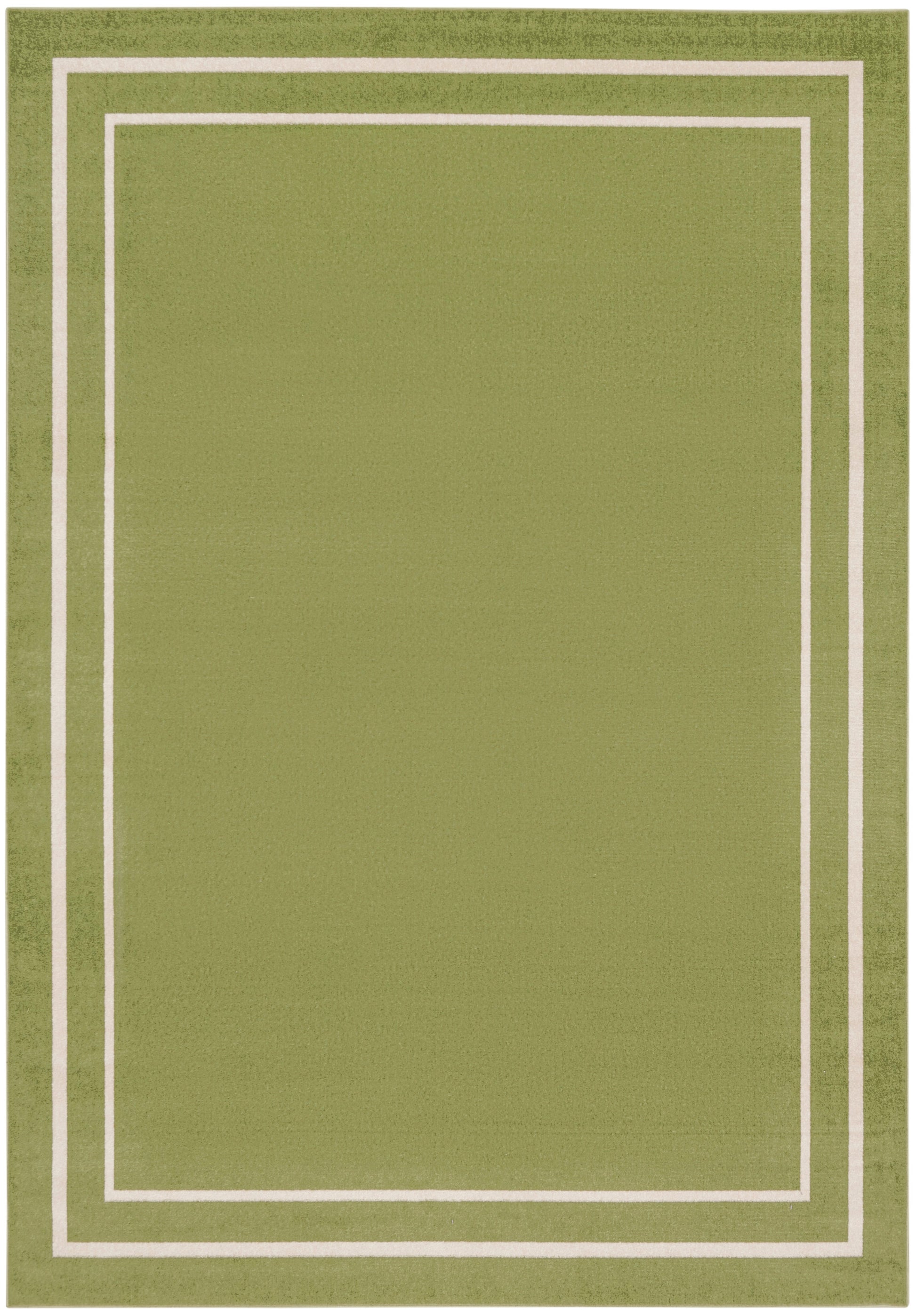 Olive-green rug with white double rectangular borders along the edges, creating a framed geometric design.