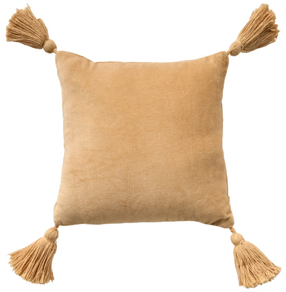 Ivory velvet square throw pillow with tassels on each corner, 12" x 12