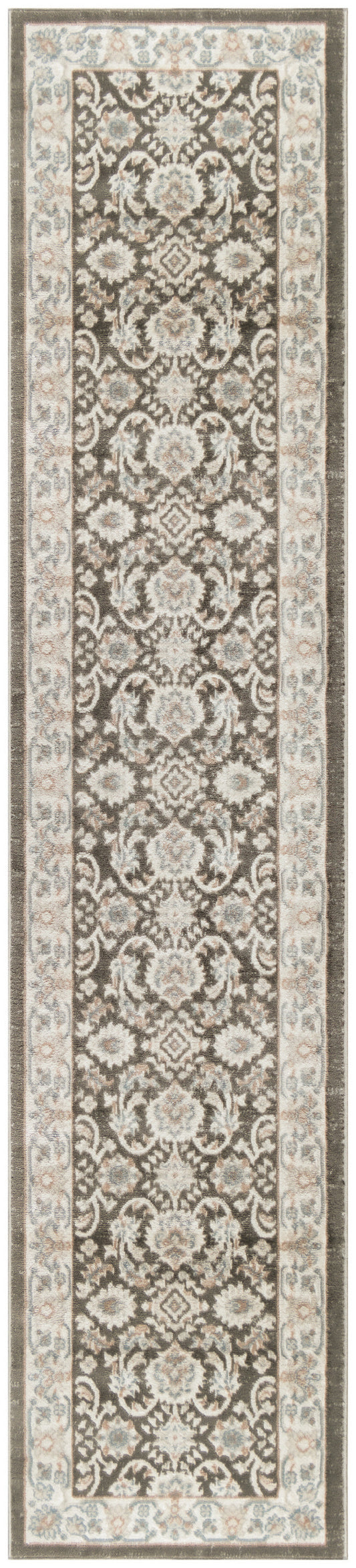 Oriental-style rug runner with a dark brown central field, ivory floral motifs and light blue accents, beige border.