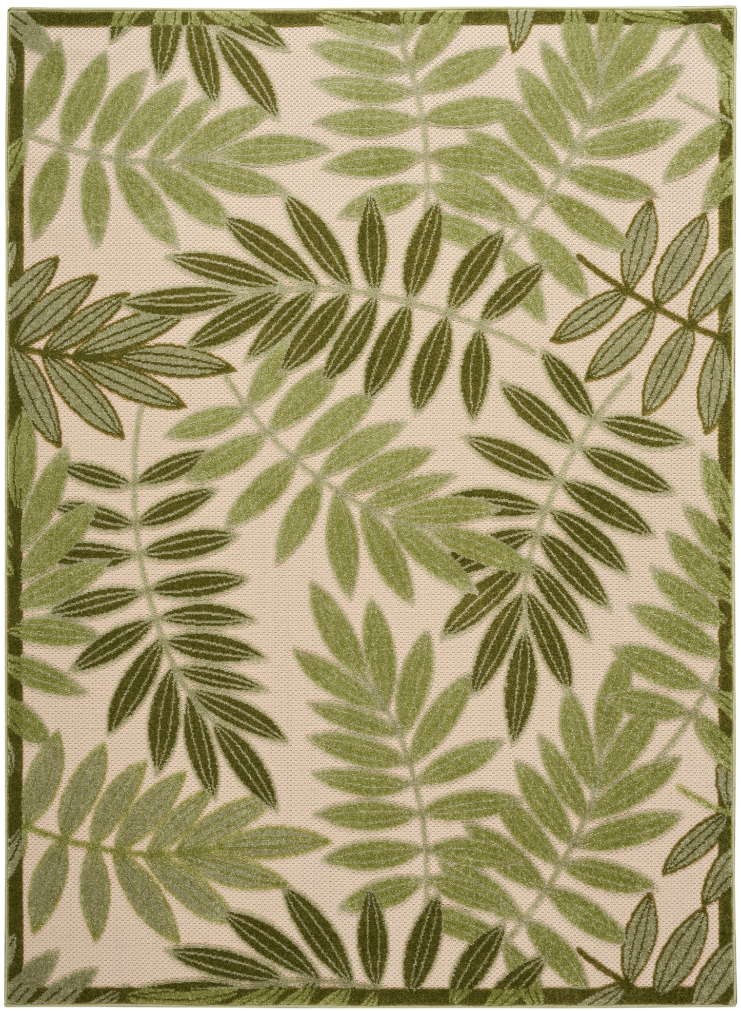 Rectangular beige outdoor rug with green palm leaf pattern; woven texture, bordered edges, tropical style.