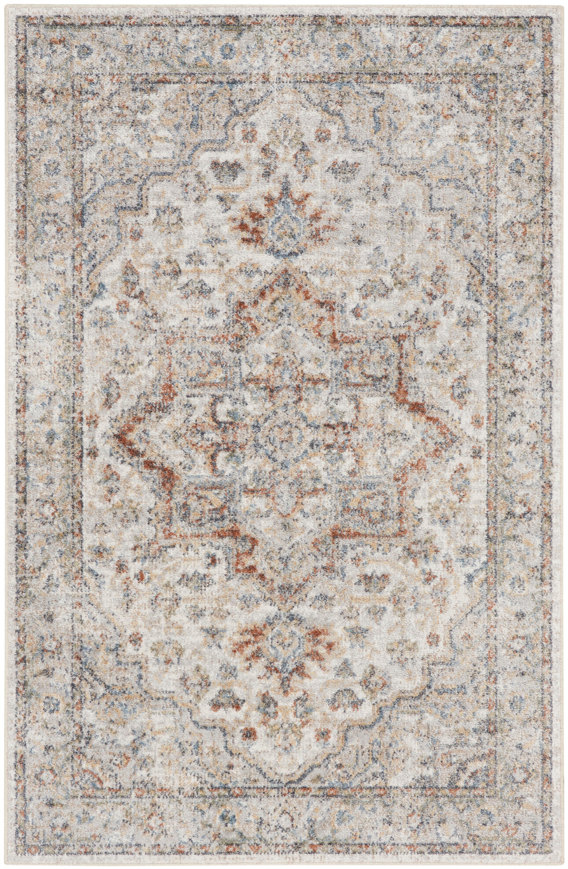 Distressed beige Persian-style area rug with faded blue, gray and rust accents, central medallion and ornate border.
