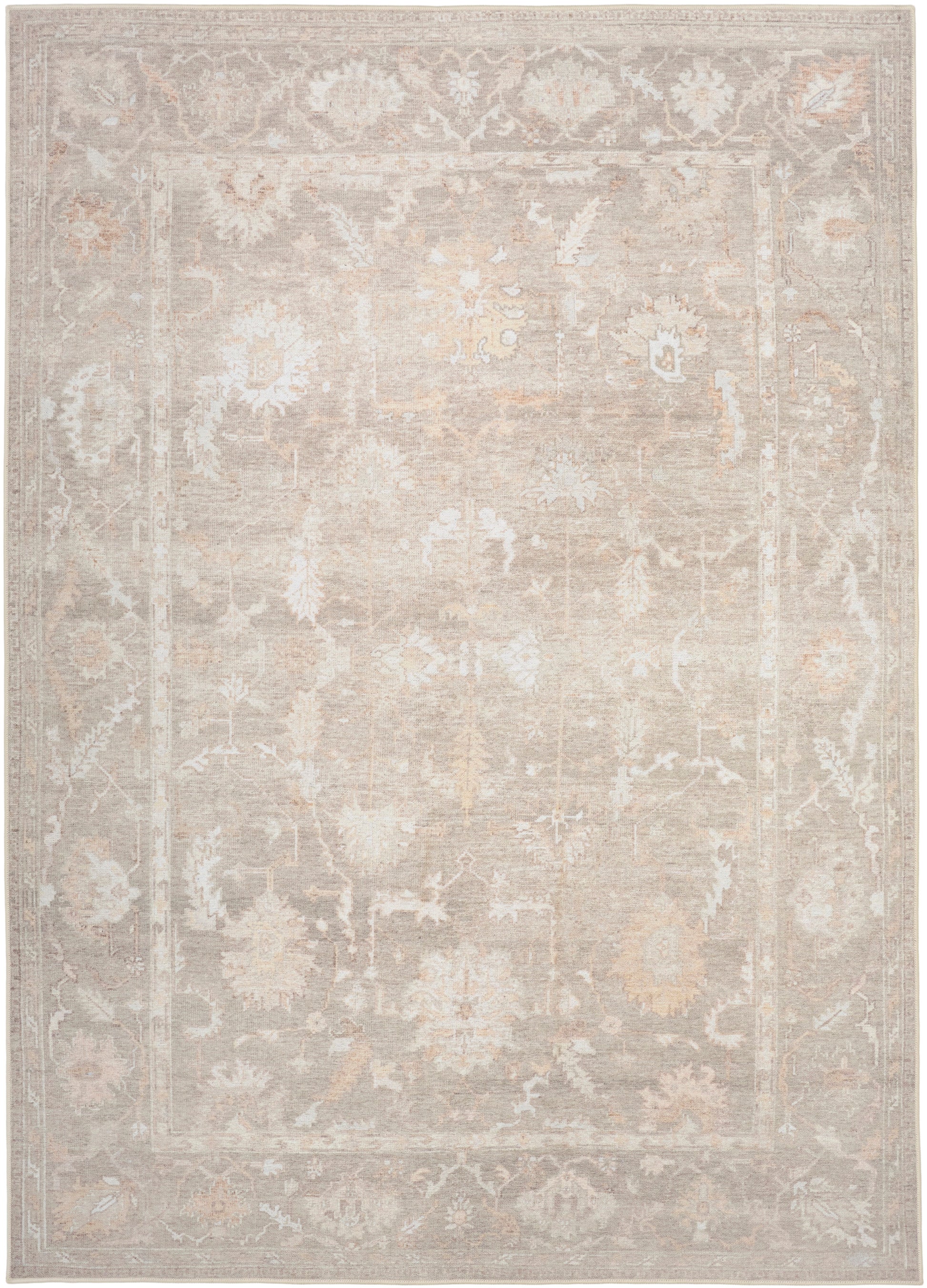 Neutral-toned distressed oriental area rug with cream and taupe florals and ornate border; vintage style.