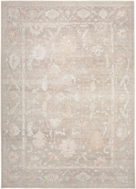 Neutral-toned distressed oriental area rug with cream and taupe florals and ornate border; vintage style.