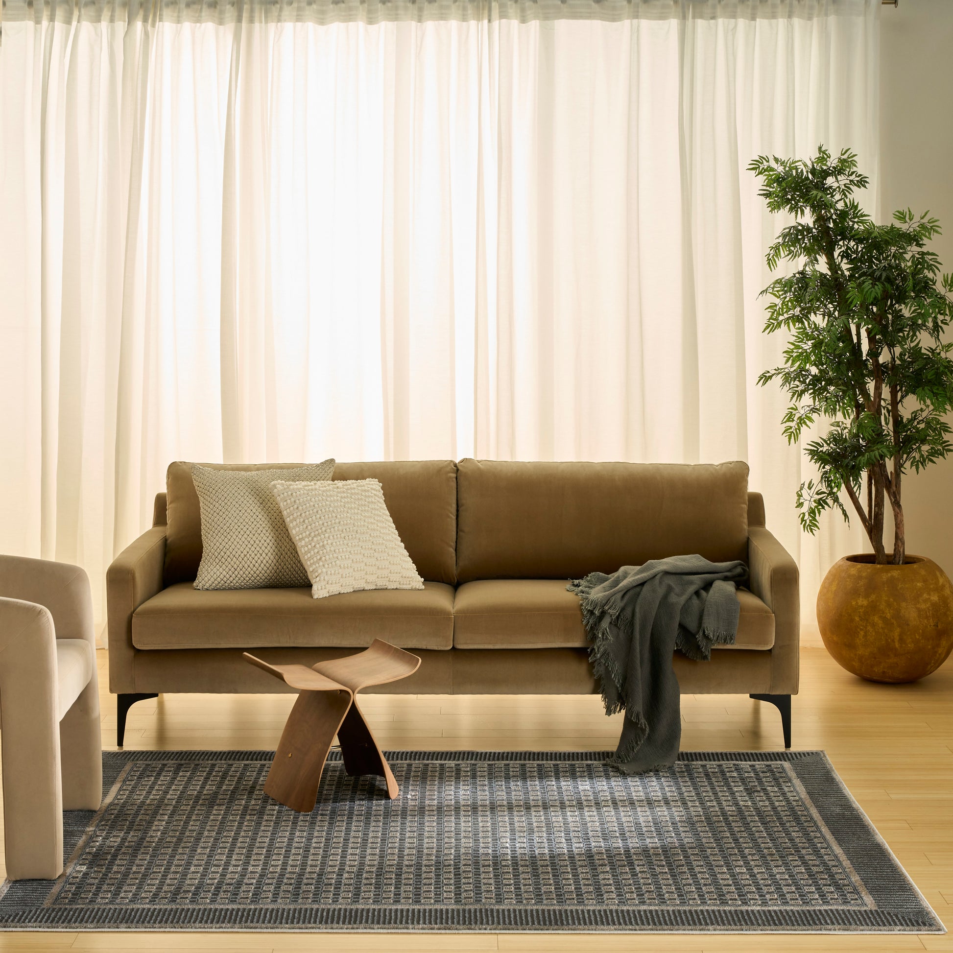 Taupe sofa with two textured cushions, dark gray throw, wooden coffee table, blue rug, cream curtains, potted plant.