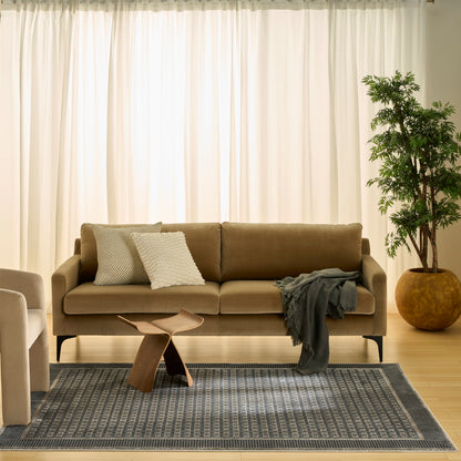 Taupe sofa with two textured cushions, dark gray throw, wooden coffee table, blue rug, cream curtains, potted plant.