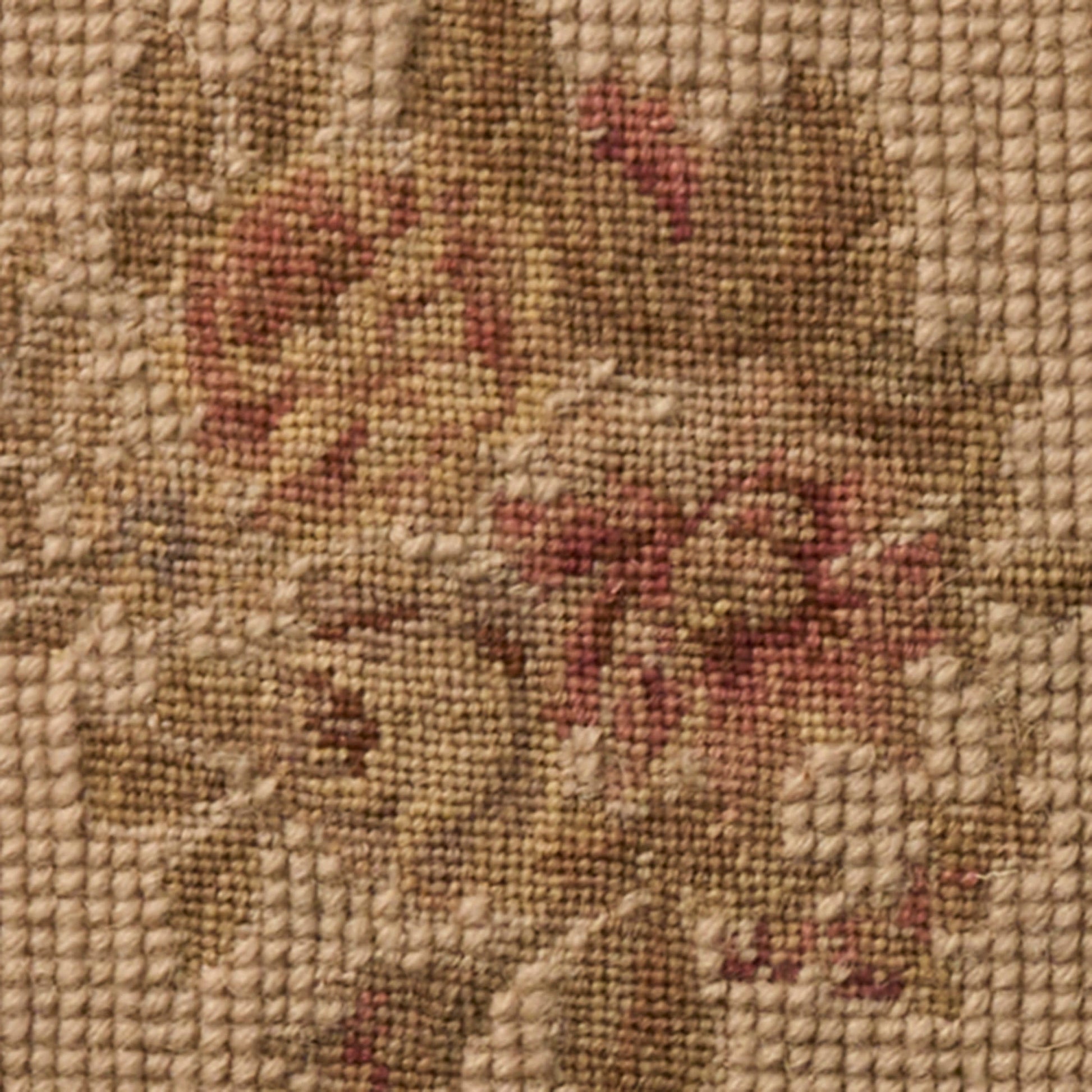 18" x 18" vintage beige rug with a woven floral tapestry pattern in earthy browns, creams, and red accents.
