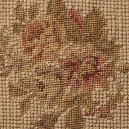 18" x 18" vintage beige rug with a woven floral tapestry pattern in earthy browns, creams, and red accents.