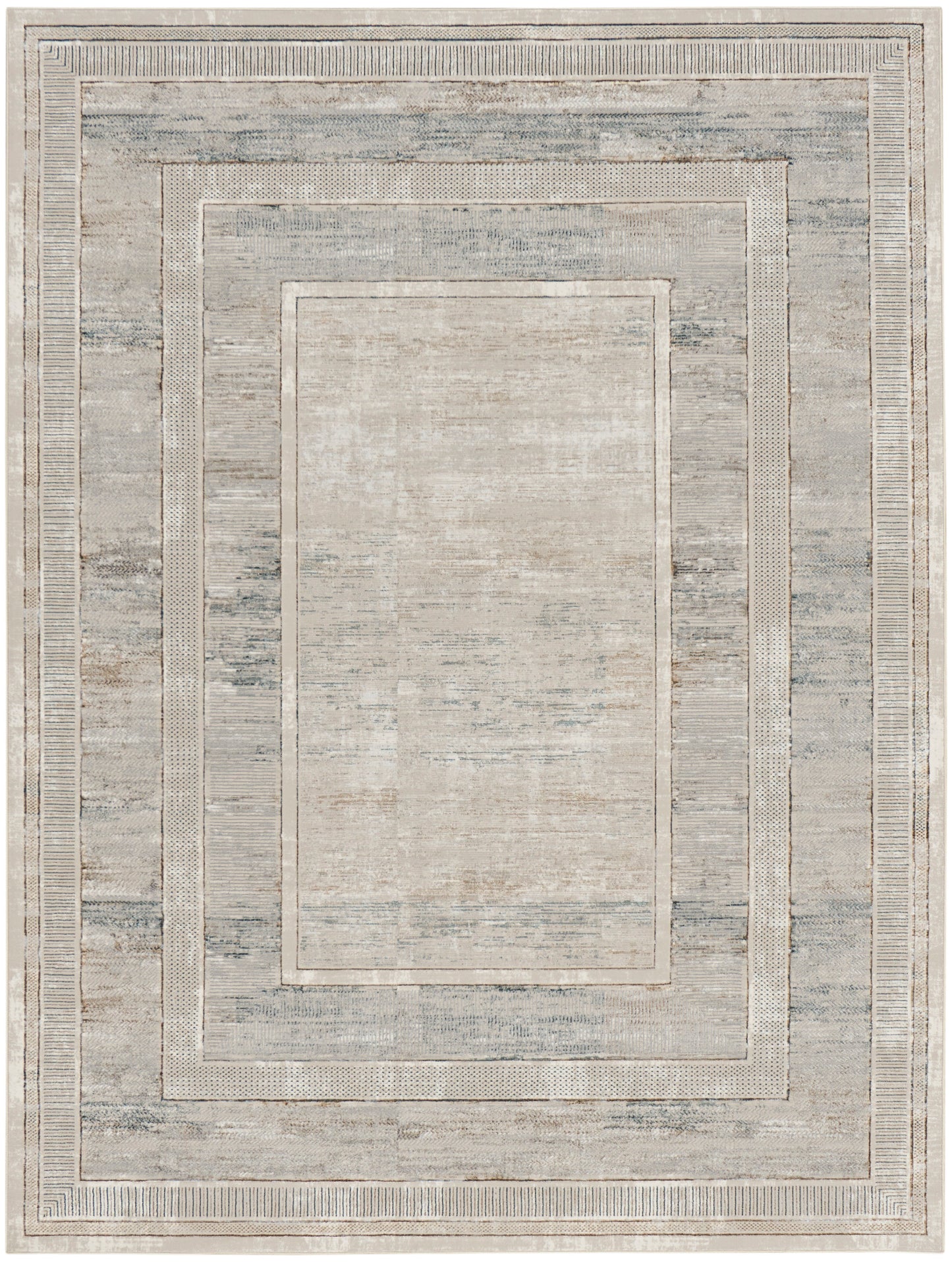 Neutral gray-beige area rug with a distressed, nested rectangular border design; modern, versatile for living rooms.