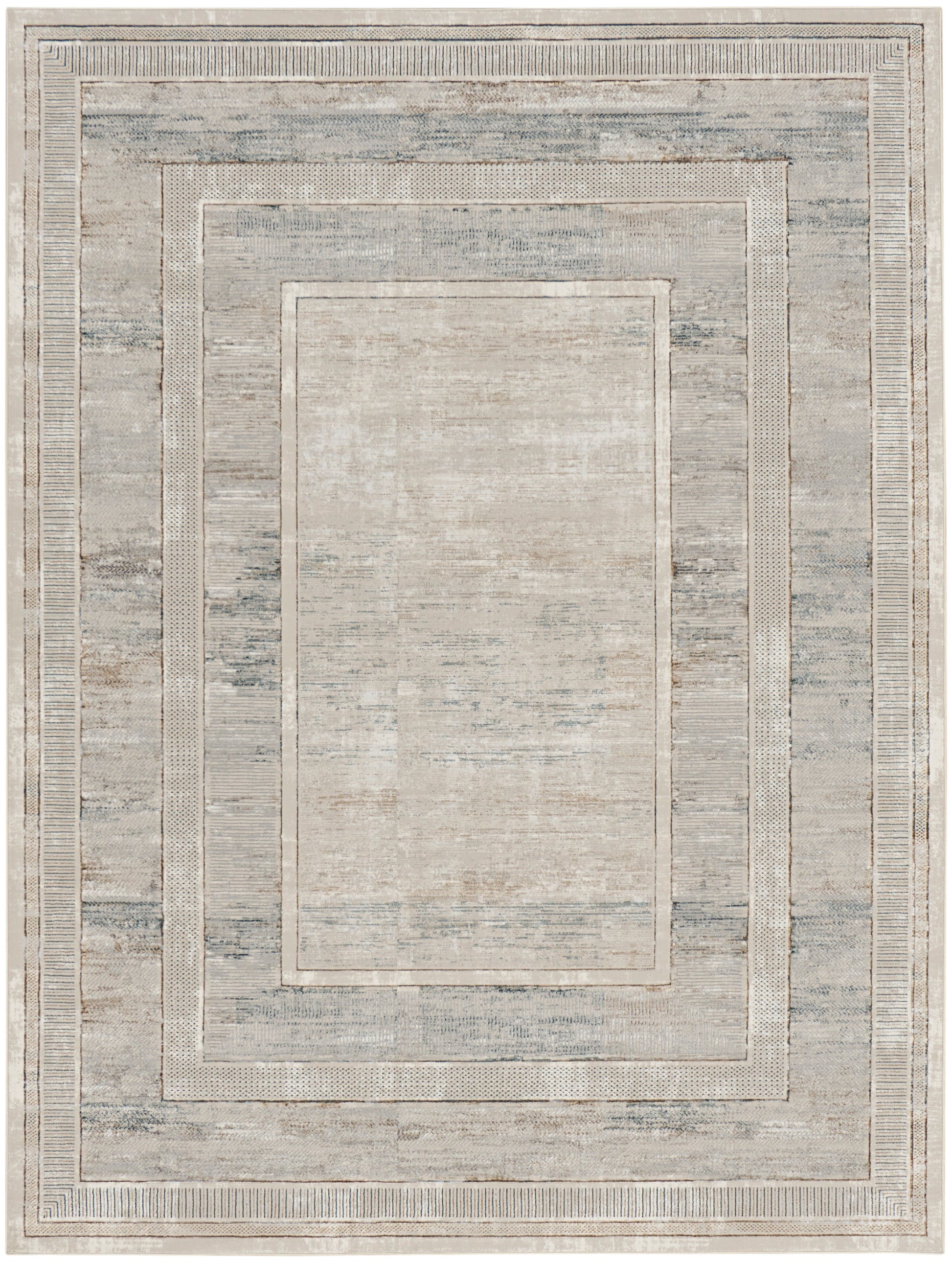 Neutral gray-beige area rug with a distressed, nested rectangular border design; modern, versatile for living rooms.