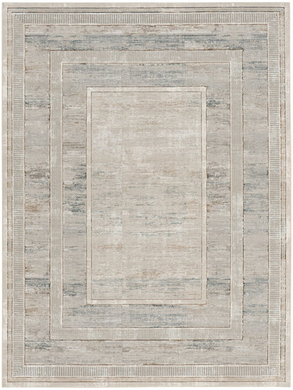 Neutral gray-beige area rug with a distressed, nested rectangular border design; modern, versatile for living rooms.