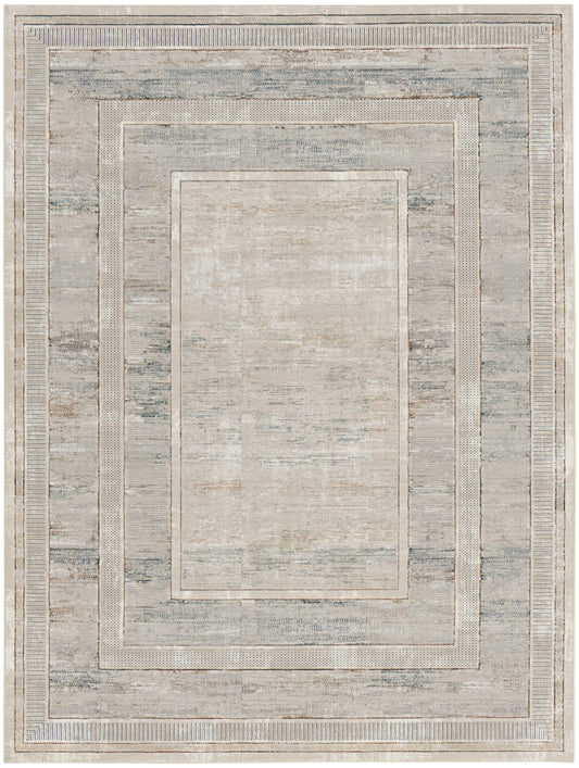 Neutral gray-beige area rug with a distressed, nested rectangular border design; modern, versatile for living rooms.