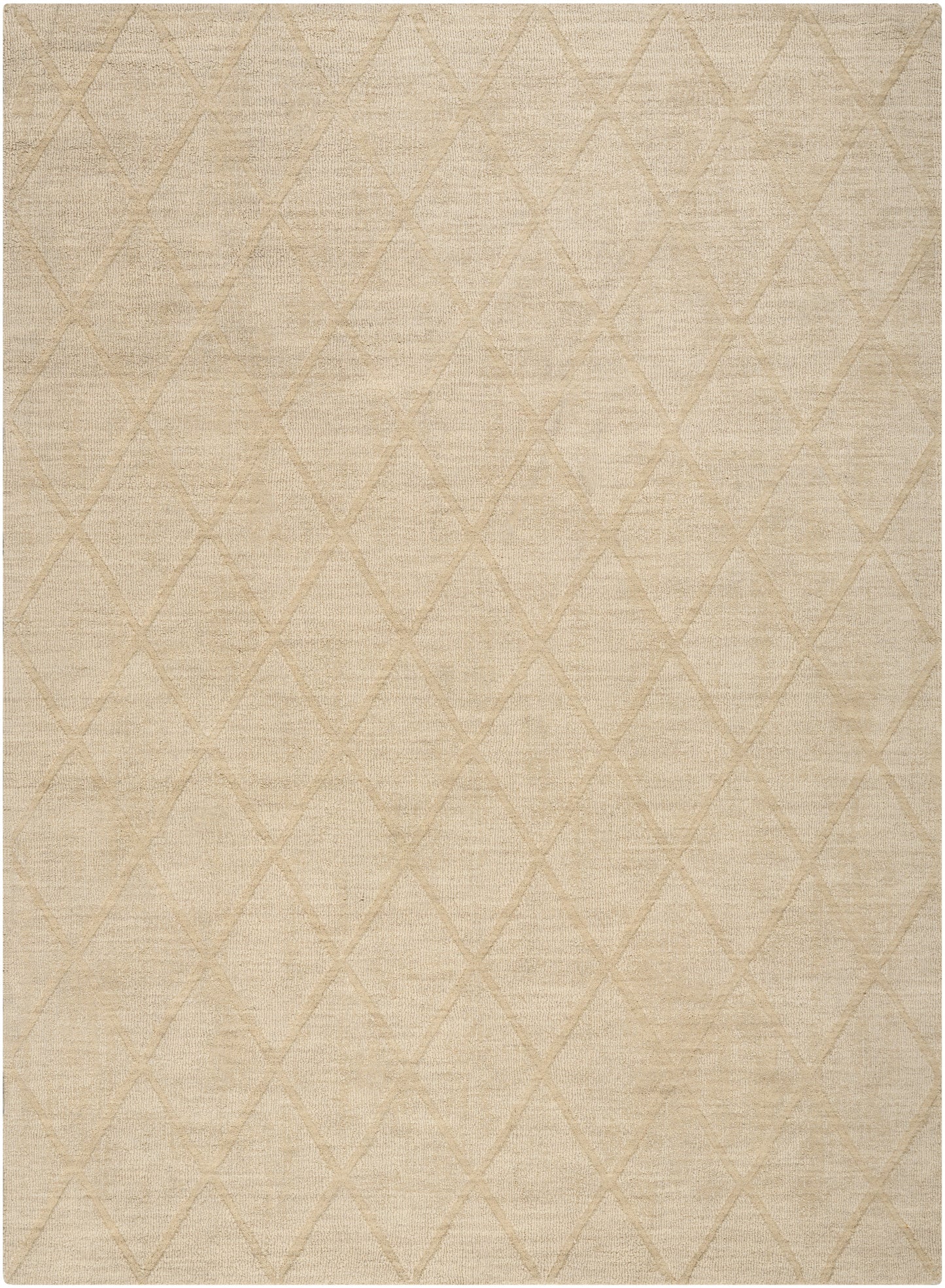 Beige rectangular rug with subtle diamond lattice pattern and soft woven texture; neutral home decor.