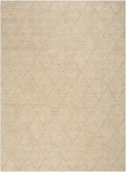 Beige rectangular rug with subtle diamond lattice pattern and soft woven texture; neutral home decor.