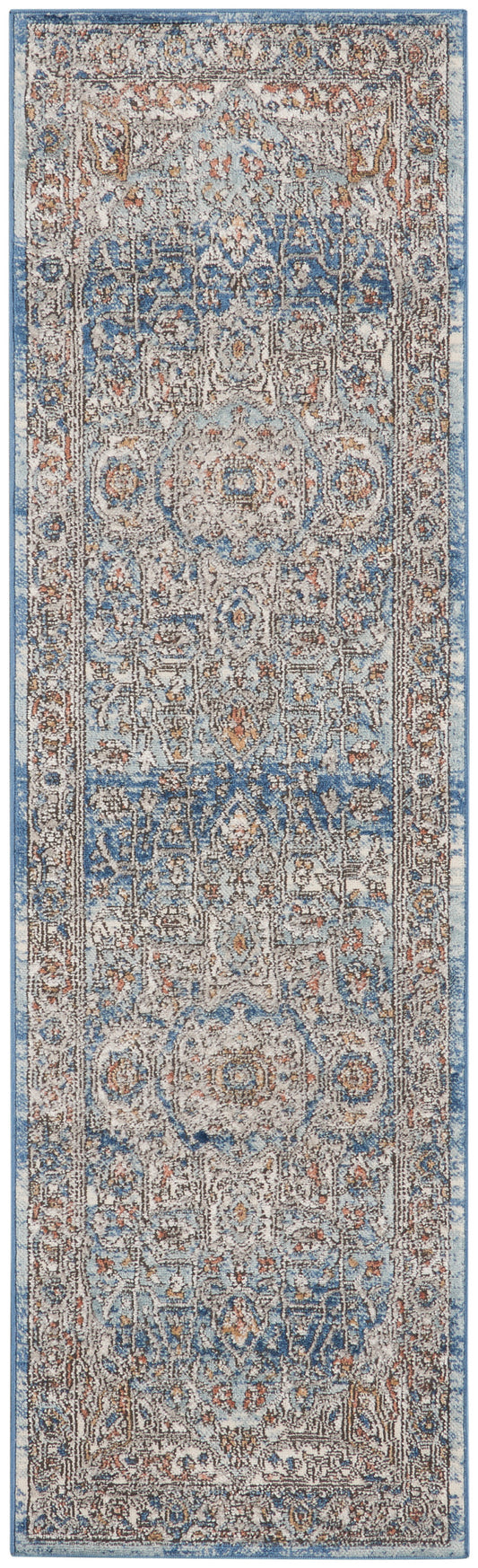 Ornate oriental-style runner rug, long narrow size, blue & beige with rust accents, intricate floral medallion pattern.