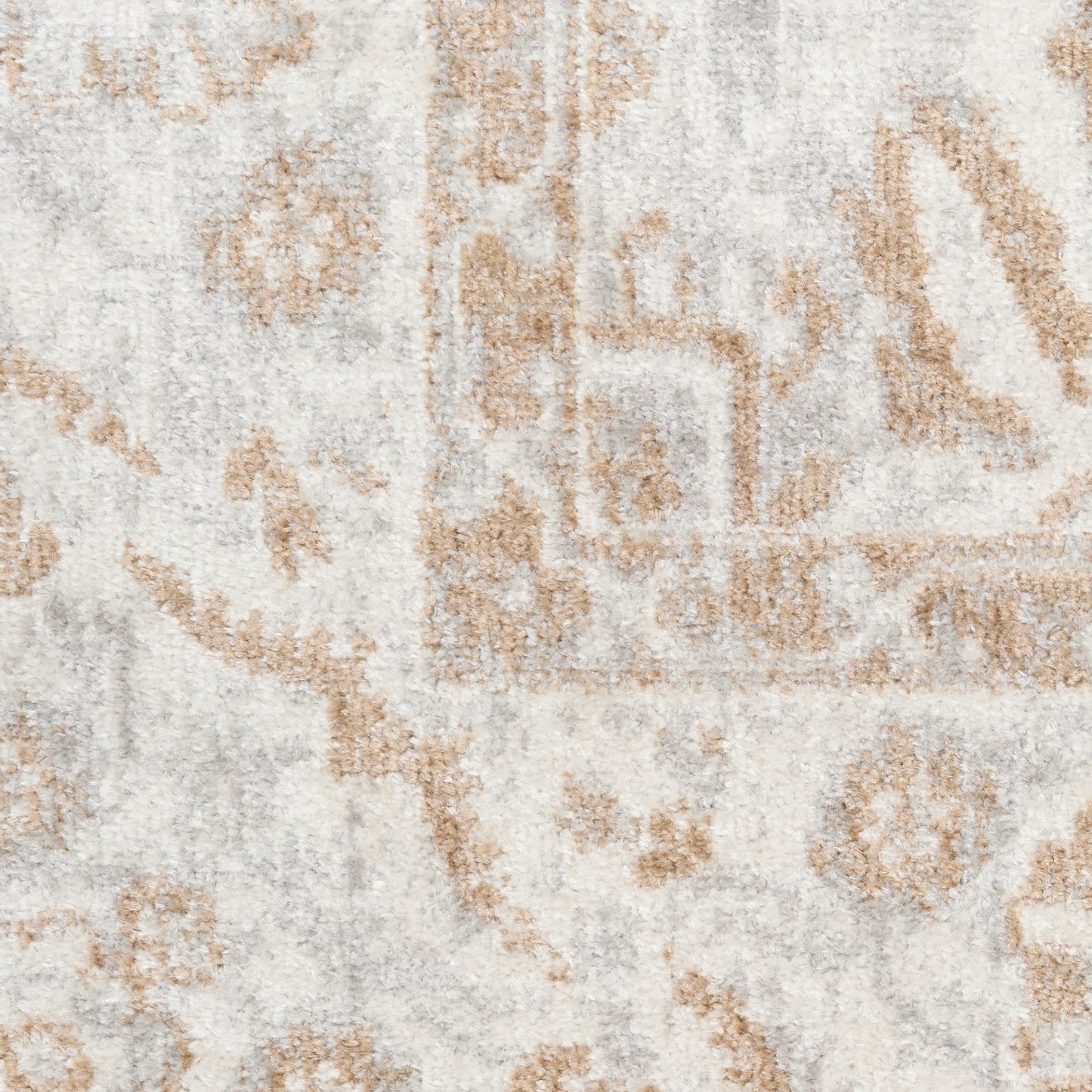 Beige ornate pattern on light gray runner rug; distressed Persian-inspired design.
