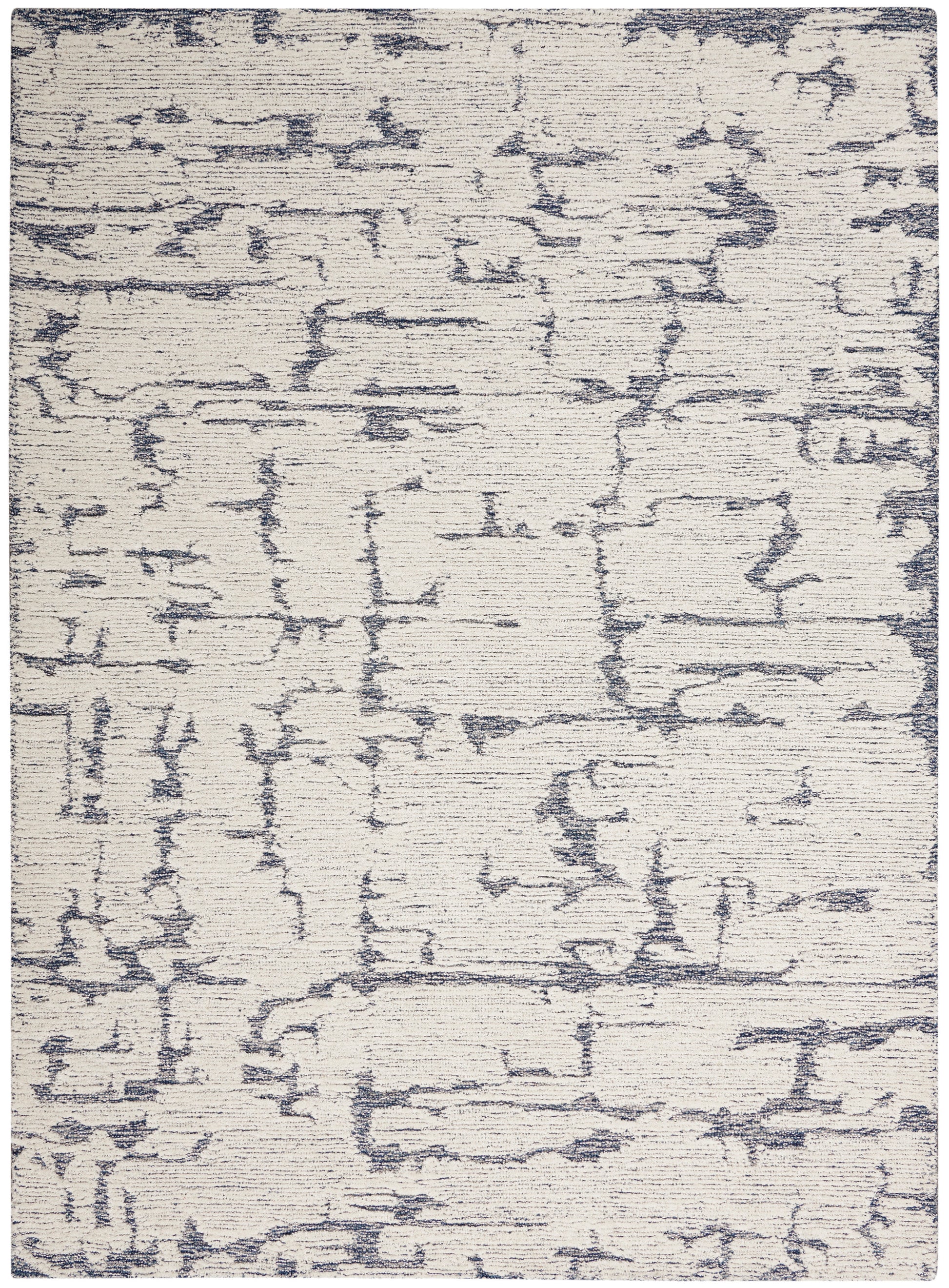 Cream area rug with blue-gray abstract lines; contemporary, textured pile.