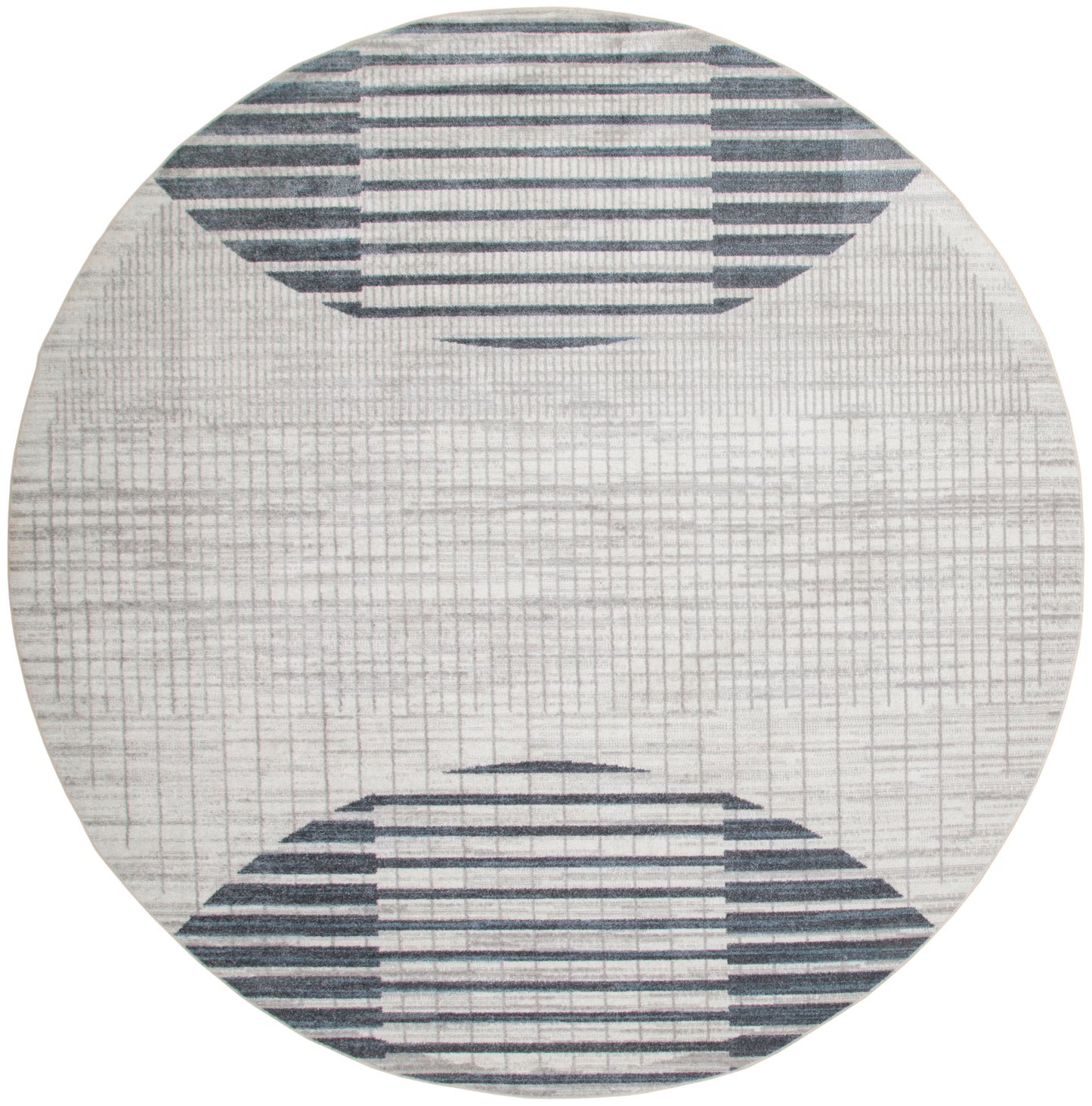 Round rug with light gray base and navy striped semicircles at top and bottom; modern geometric design.