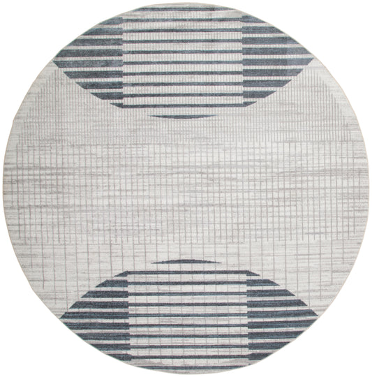 Round rug with light gray base and navy striped semicircles at top and bottom; modern geometric design.