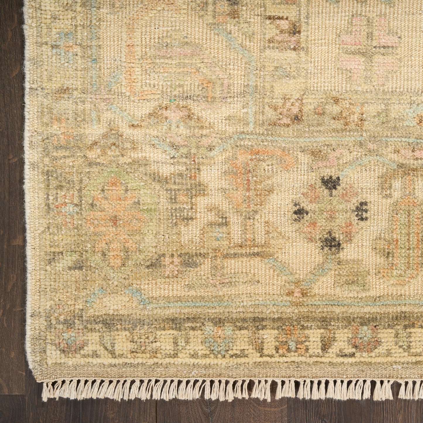 Beige vintage-style oriental rug with fringe along bottom edge on dark wood floor; muted blues, oranges and creams.