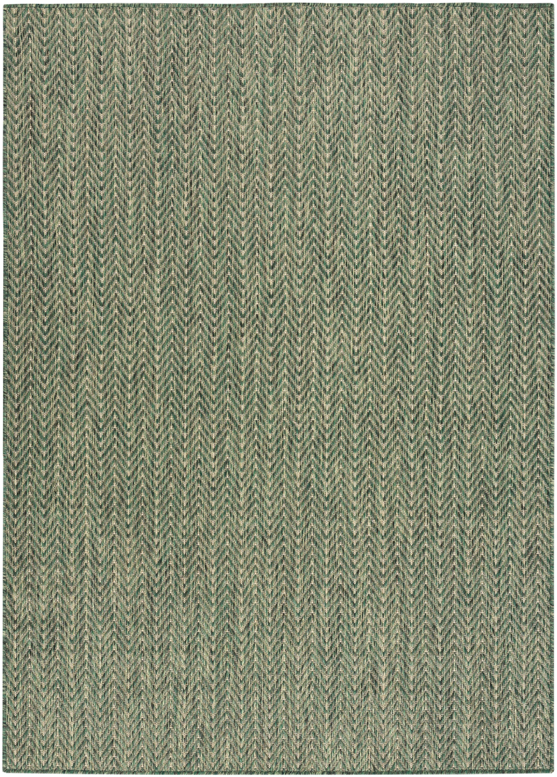 Textured green and cream woven rug with a chevron pattern.