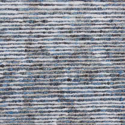 Blue & gray striped woven rug with textured loop pile for casual home decor.