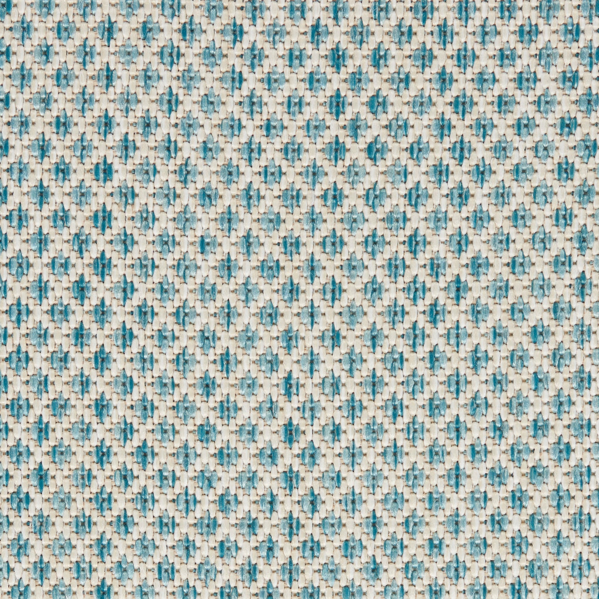 Teal, blue and beige woven fabric with a repeating geometric diamond pattern; versatile upholstery or apparel textile.