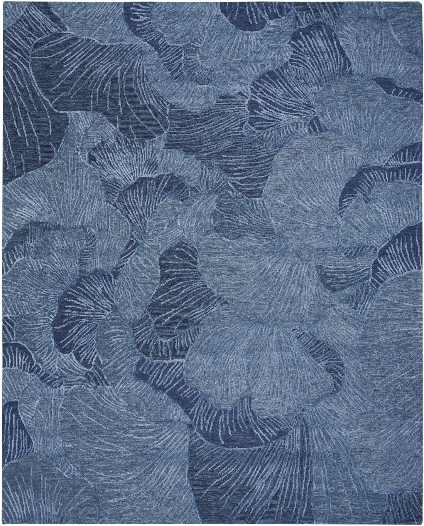 Blue abstract leaf pattern with overlapping ginkgo-like leaves & a textured, fabric-like appearance.