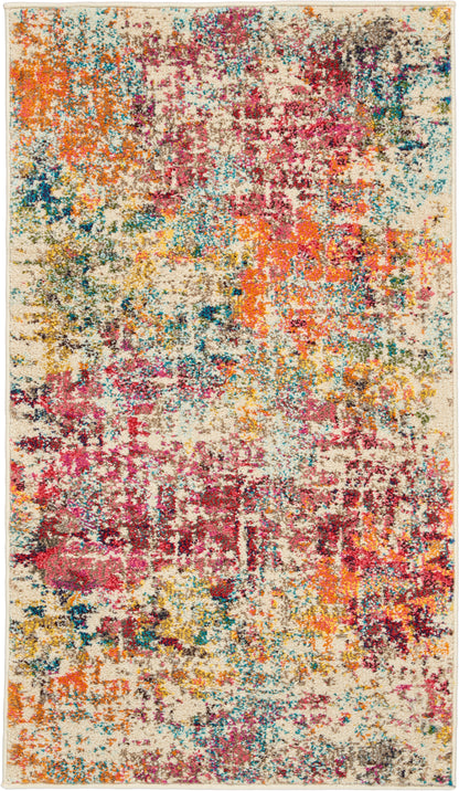 Rectangular contemporary area rug with cream base and vivid orange, pink, teal, and purple splashes in a distressed pattern.