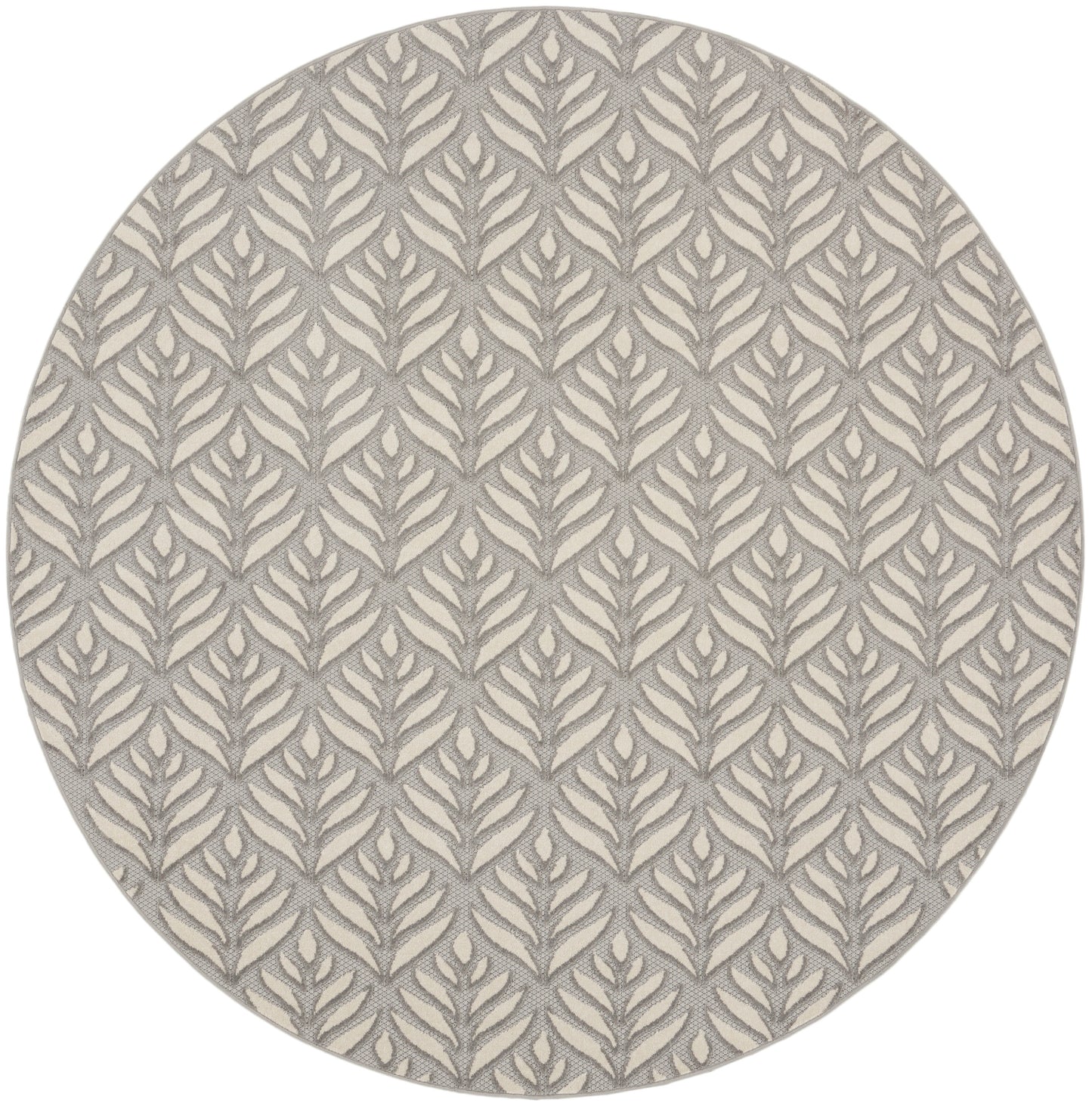 Round rug with beige base and gray botanical leaf pattern, textured woven surface.