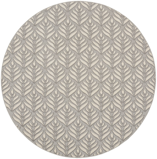 Round rug with beige base and gray botanical leaf pattern, textured woven surface.