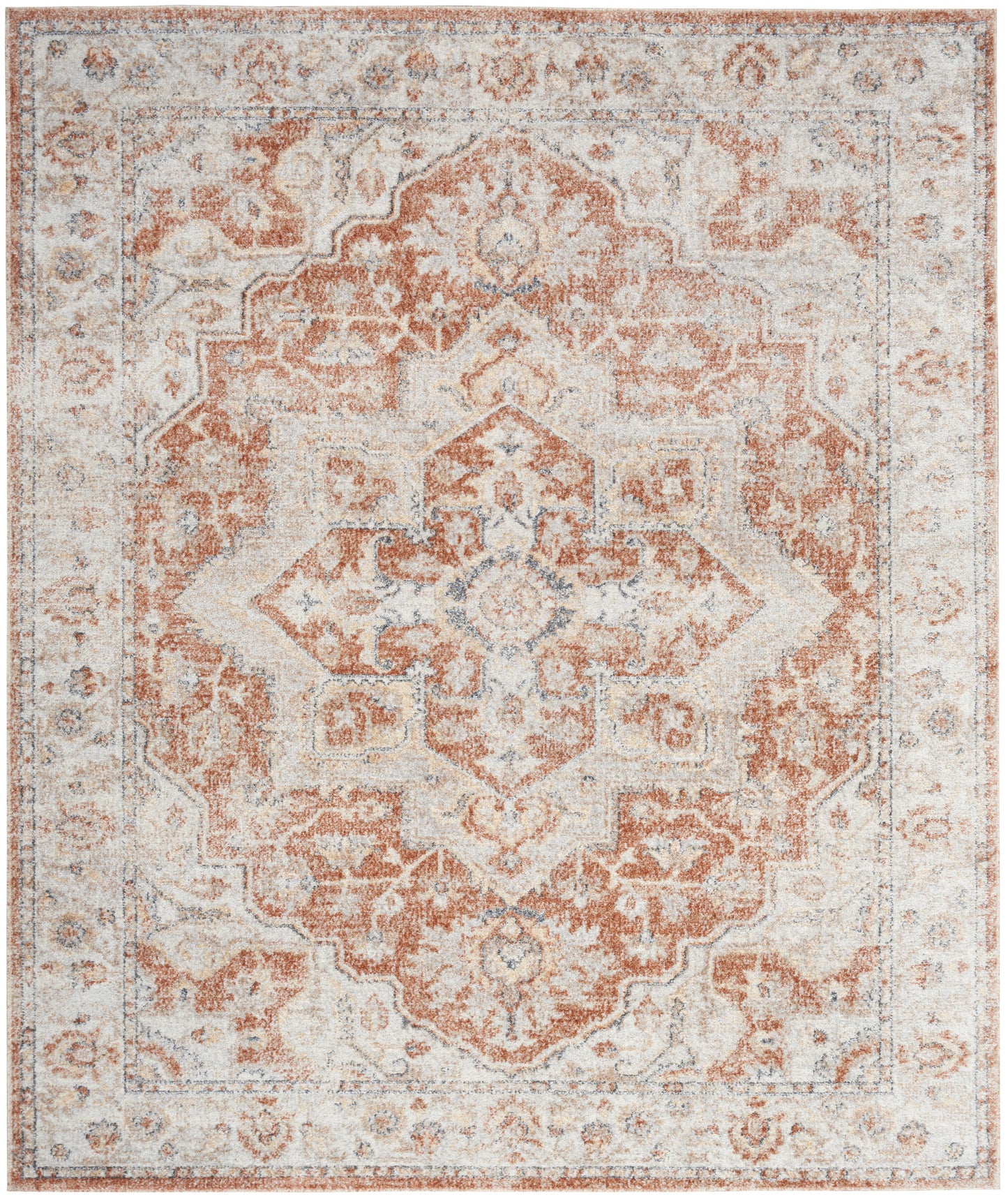 Rectangular distressed oriental rug in rust, ivory and gray with a central medallion and ornate border.