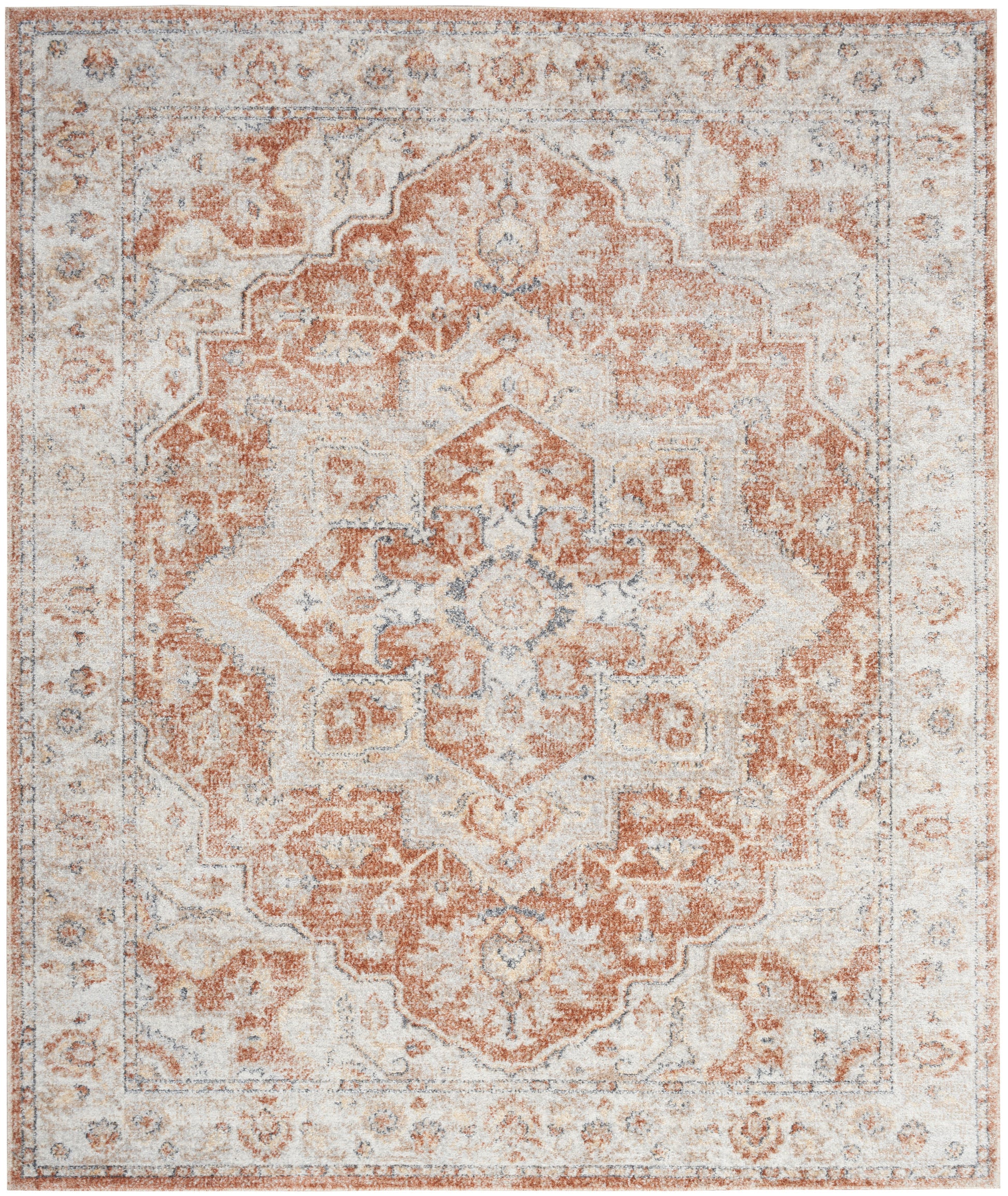 Rectangular distressed oriental rug in rust, ivory and gray with a central medallion and ornate border.
