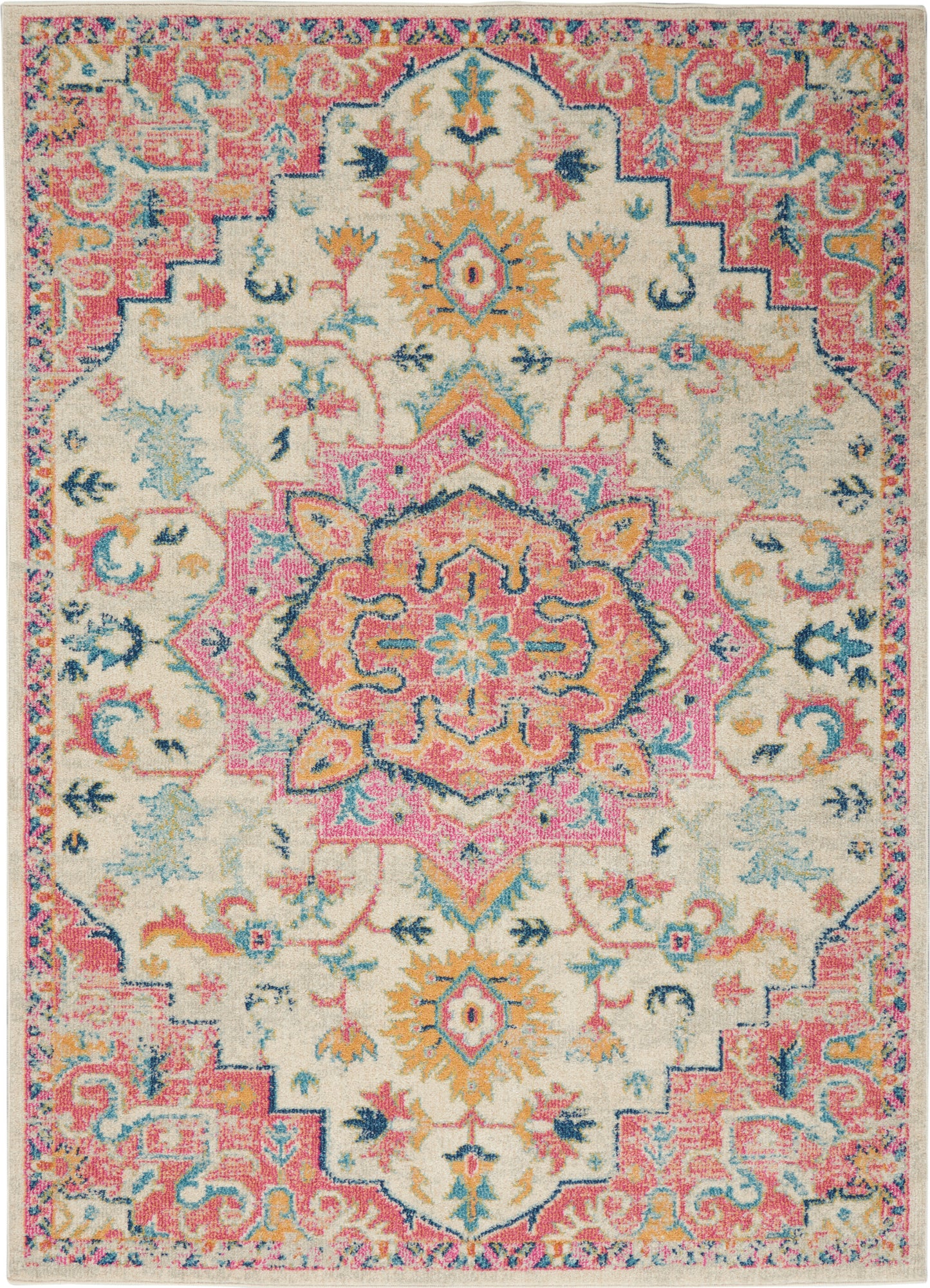 Colorful oriental area rug with pink central medallion, cream field, teal & yellow floral accents, ornate border.