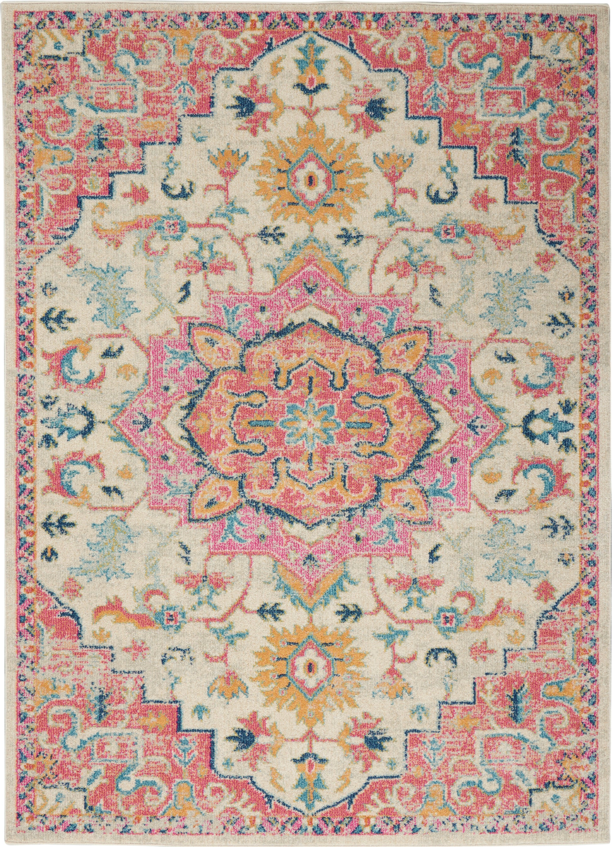 Colorful oriental area rug with pink central medallion, cream field, teal & yellow floral accents, ornate border.