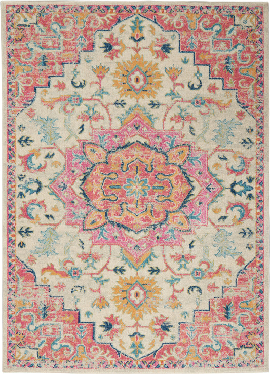 Colorful oriental area rug with pink central medallion, cream field, teal & yellow floral accents, ornate border.