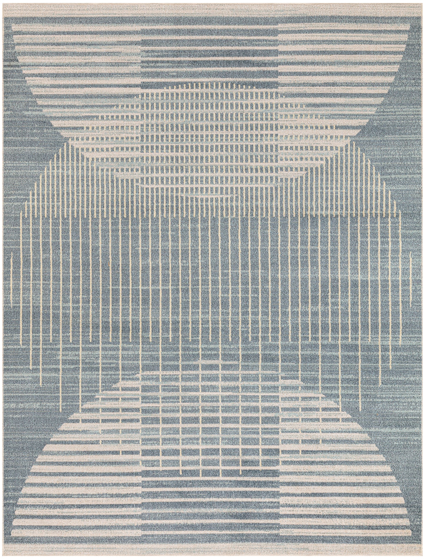 Blue and cream geometric rug with overlapping circular arcs and vertical line patterns; modern abstract design.