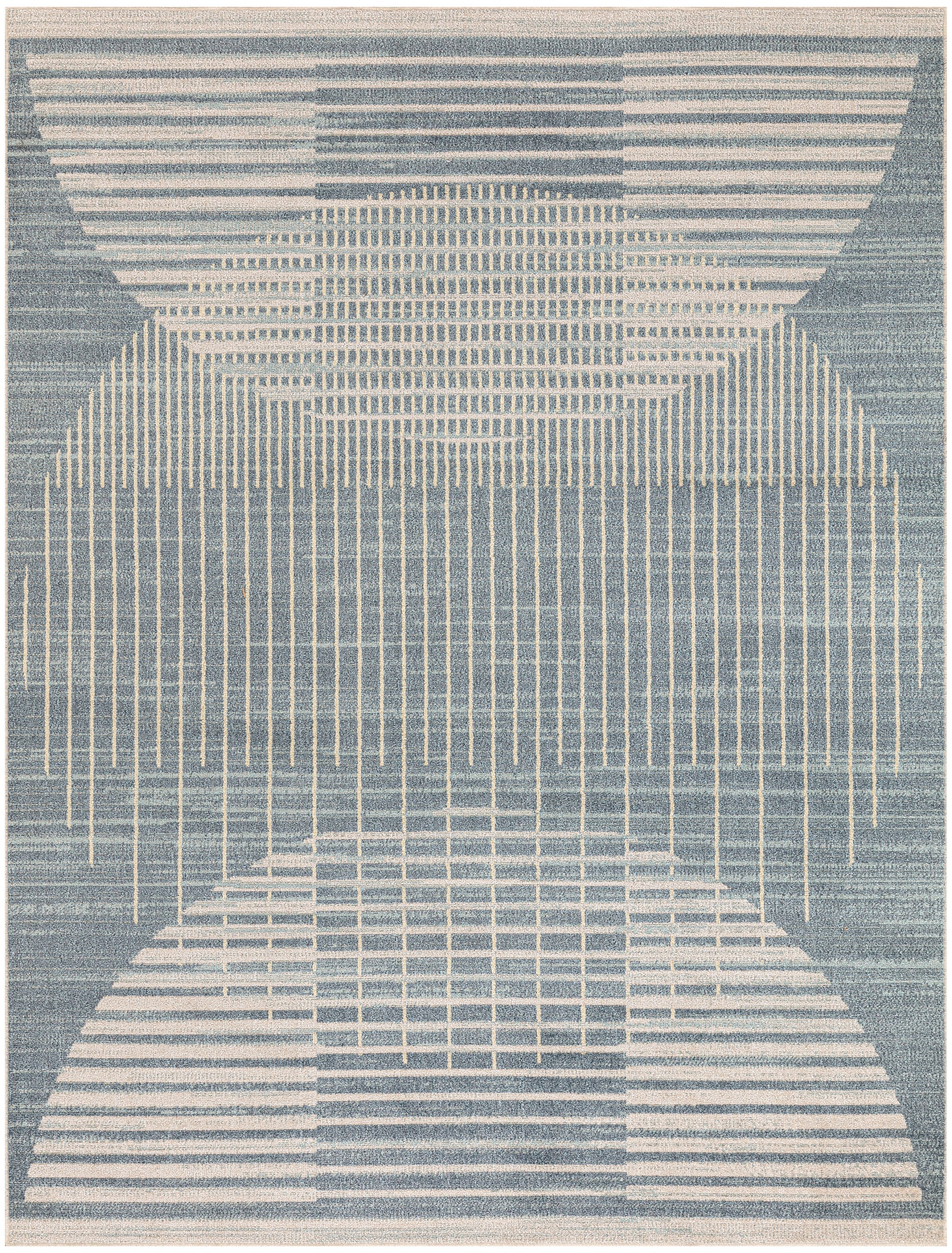 Blue and cream geometric rug with overlapping circular arcs and vertical line patterns; modern abstract design.