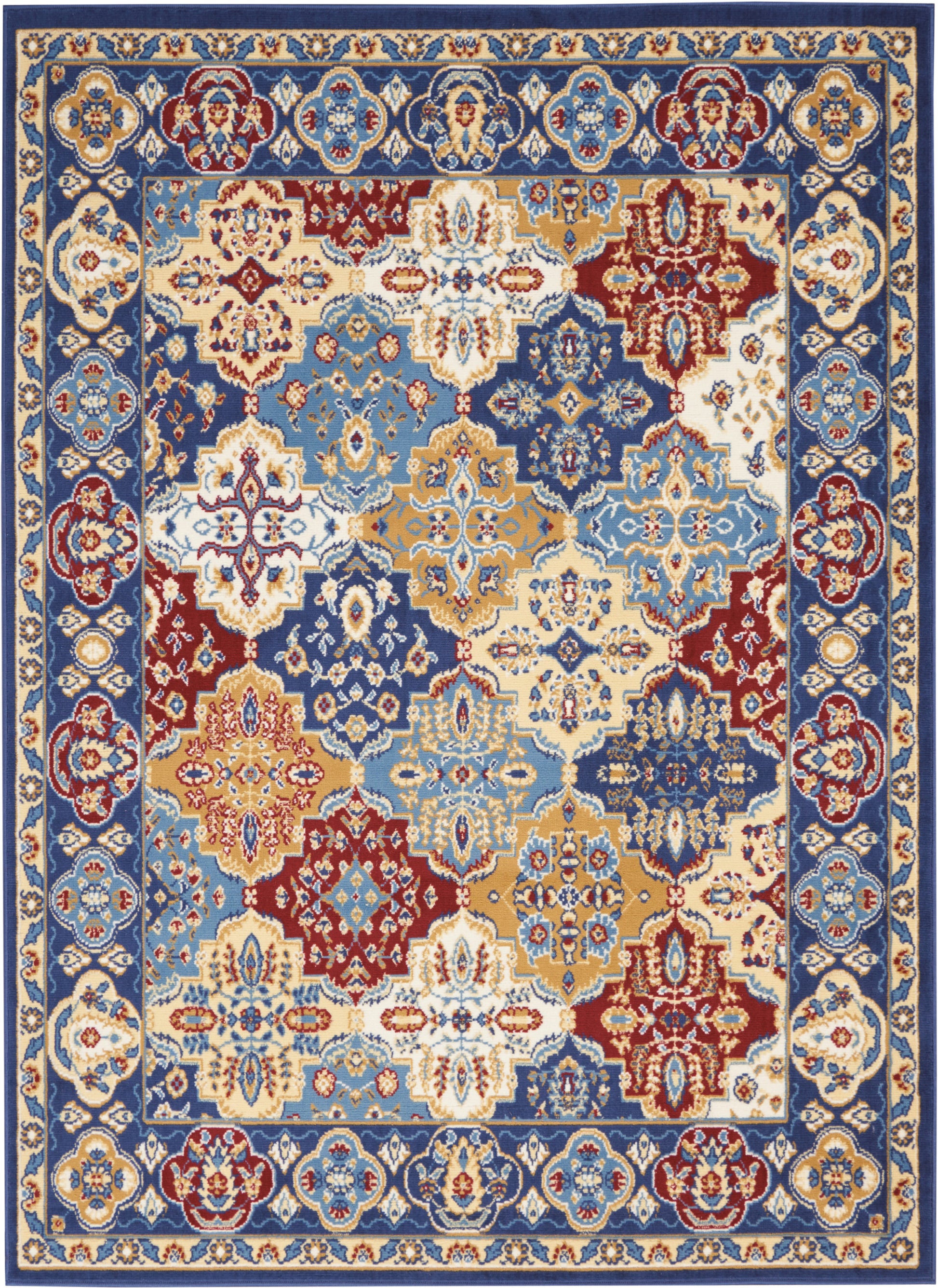 Persian-style area rug with blue, ivory, red and gold tones; intricate floral medallions and a decorative border.