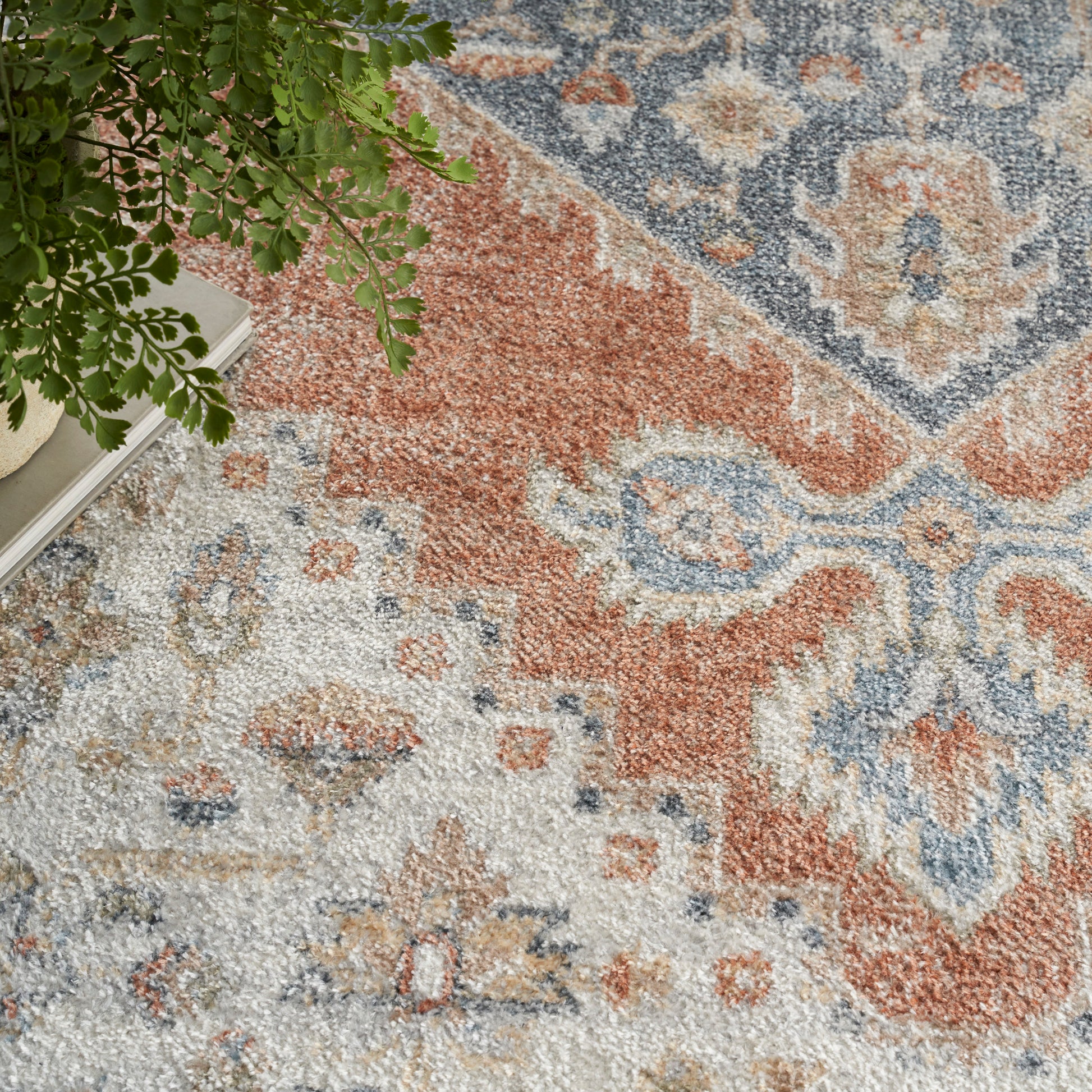Oriental-style rug in rust orange, blue and ivory with floral medallions; green plant and books at edge.