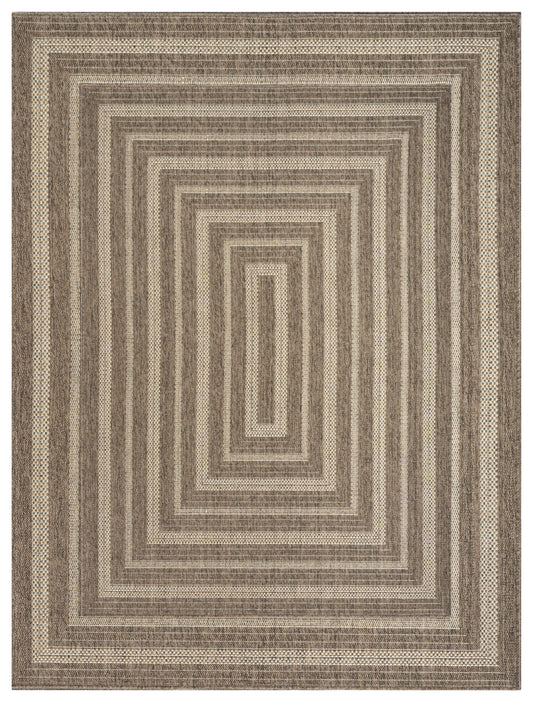 Rectangular woven area rug with concentric square borders in beige/taupe; modern geometric textured flatweave.