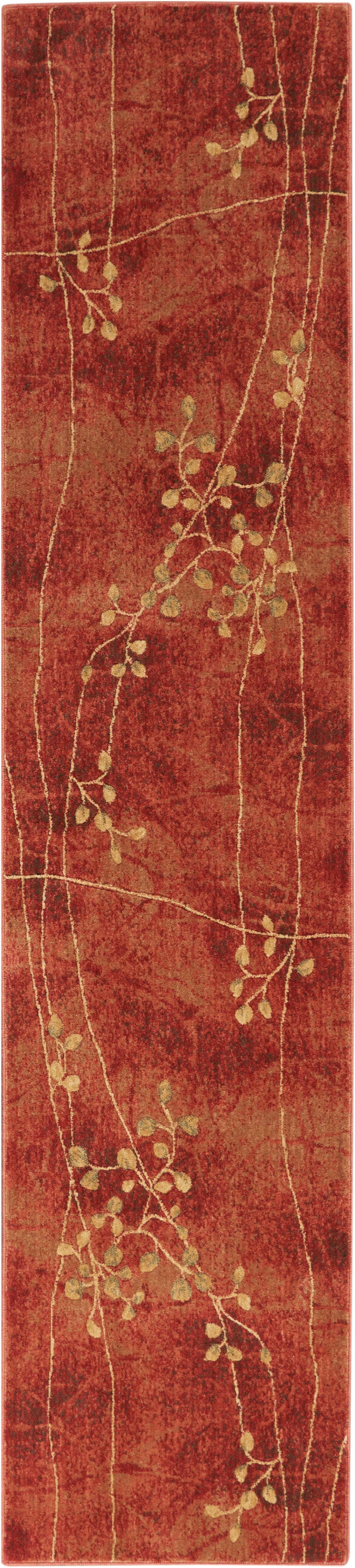 Red rust runner rug with gold vine pattern, slender branches and small leaves; plush texture, hallway decor.